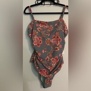 NWT Cupshe Womens Floral 1 Pc Swim adjustable straps gray pink Ruched sides XL